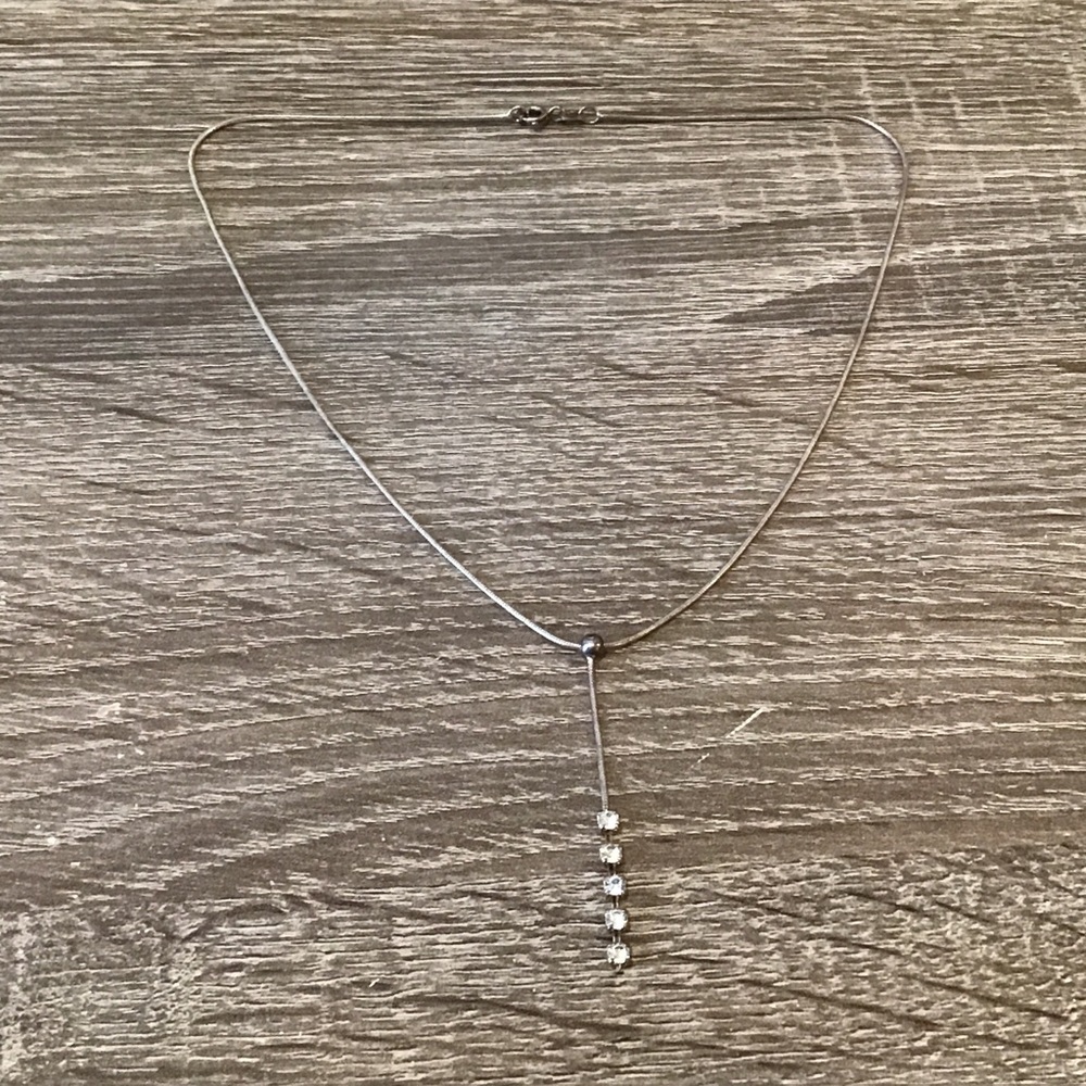 Sterling Silver Clear Stones Chain Dangle Pendant Snake Chain Necklace 16" Long